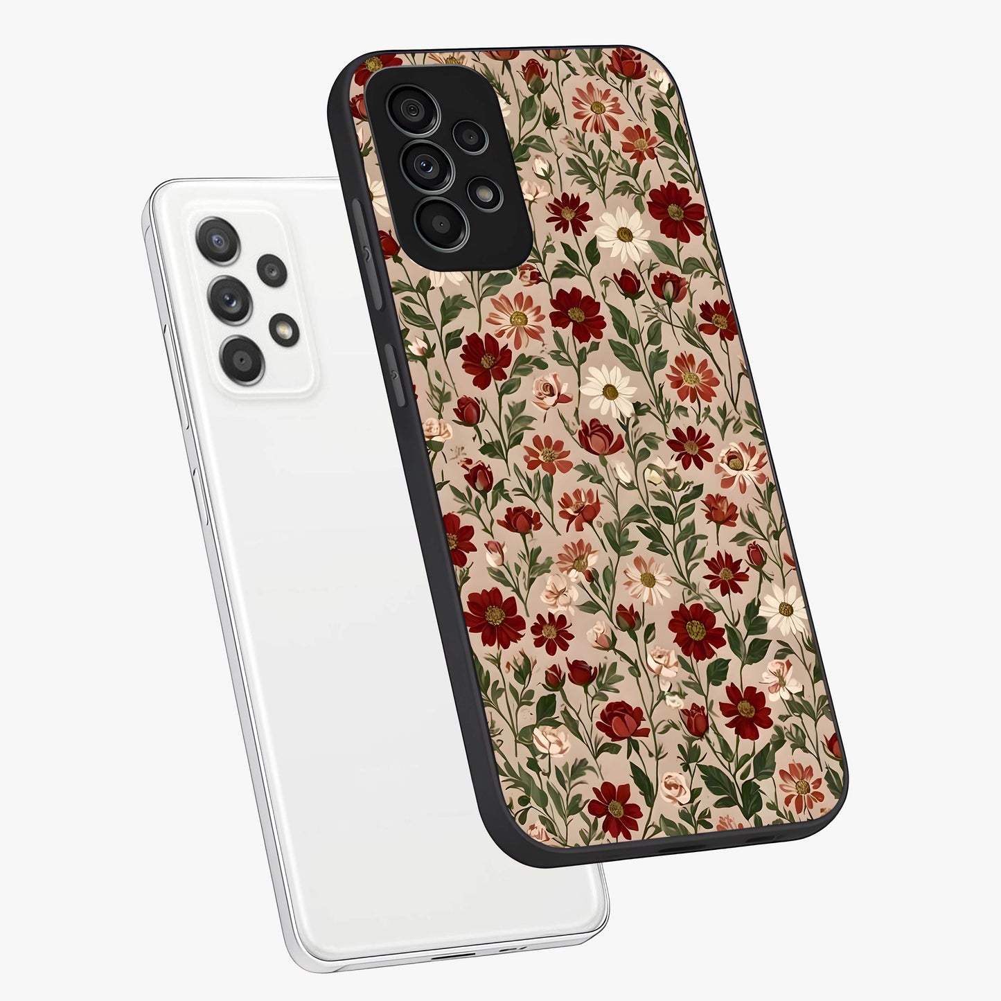 Biege Flower With Leaf Glass Case displayed in angled mockup highlighting minimal floral leaf design and elegant aesthetic.