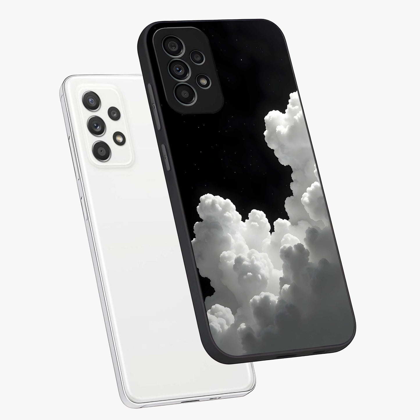 Black Background With White Cloud Glass Case displayed in angled mockup highlighting soft white cloud illustration and minimal design.