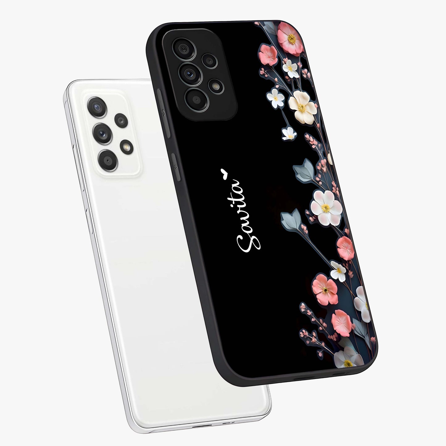 Black Elegance Floral Custom Name Glass Case displayed in angled mockup highlighting dark floral aesthetic and custom name feature.