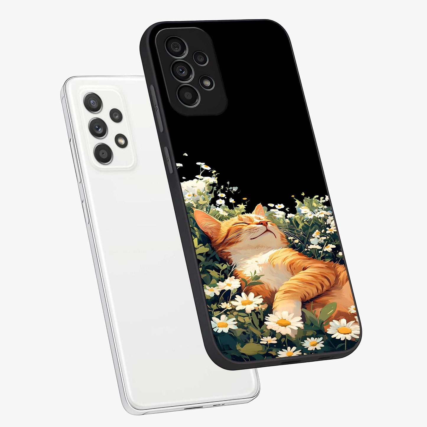 Blissful Bloom Cat Glass Case displayed in angled mockup highlighting playful feline illustration with soft floral aesthetic.