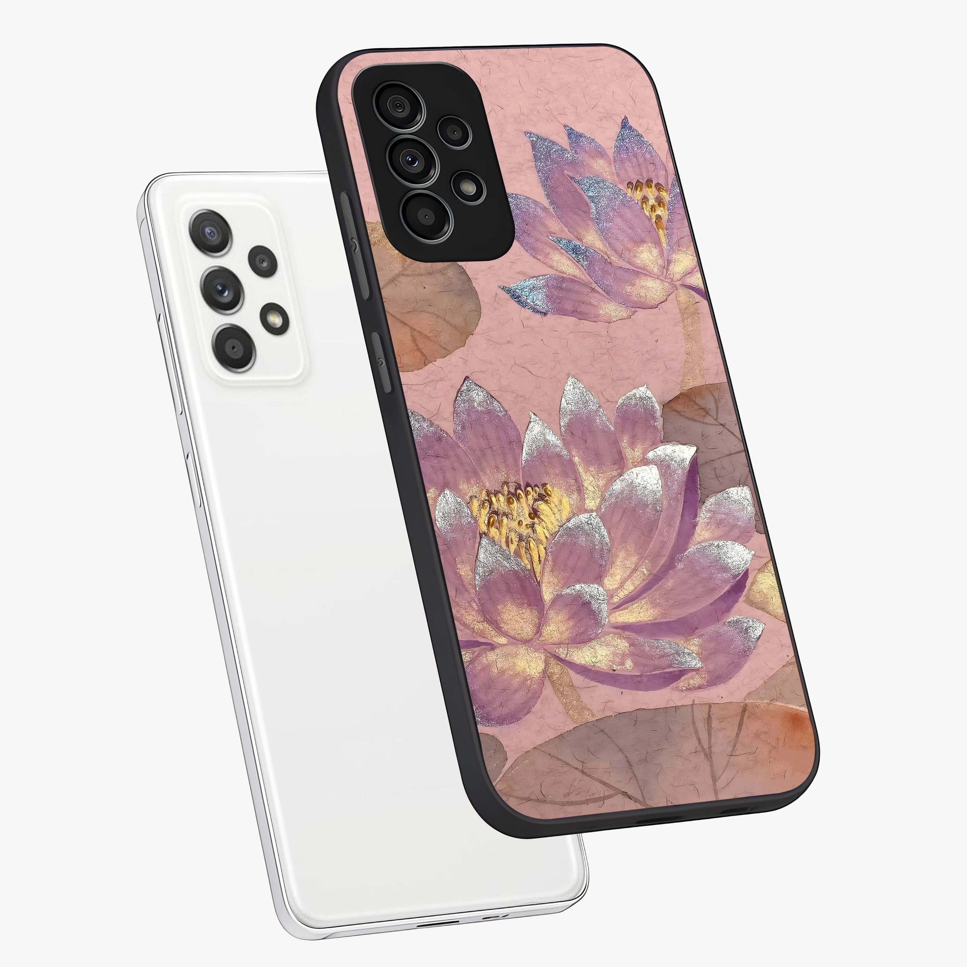 Blossom Mist Lotus Glass Case displayed in angled mockup highlighting delicate lotus illustration with calm aesthetic theme.