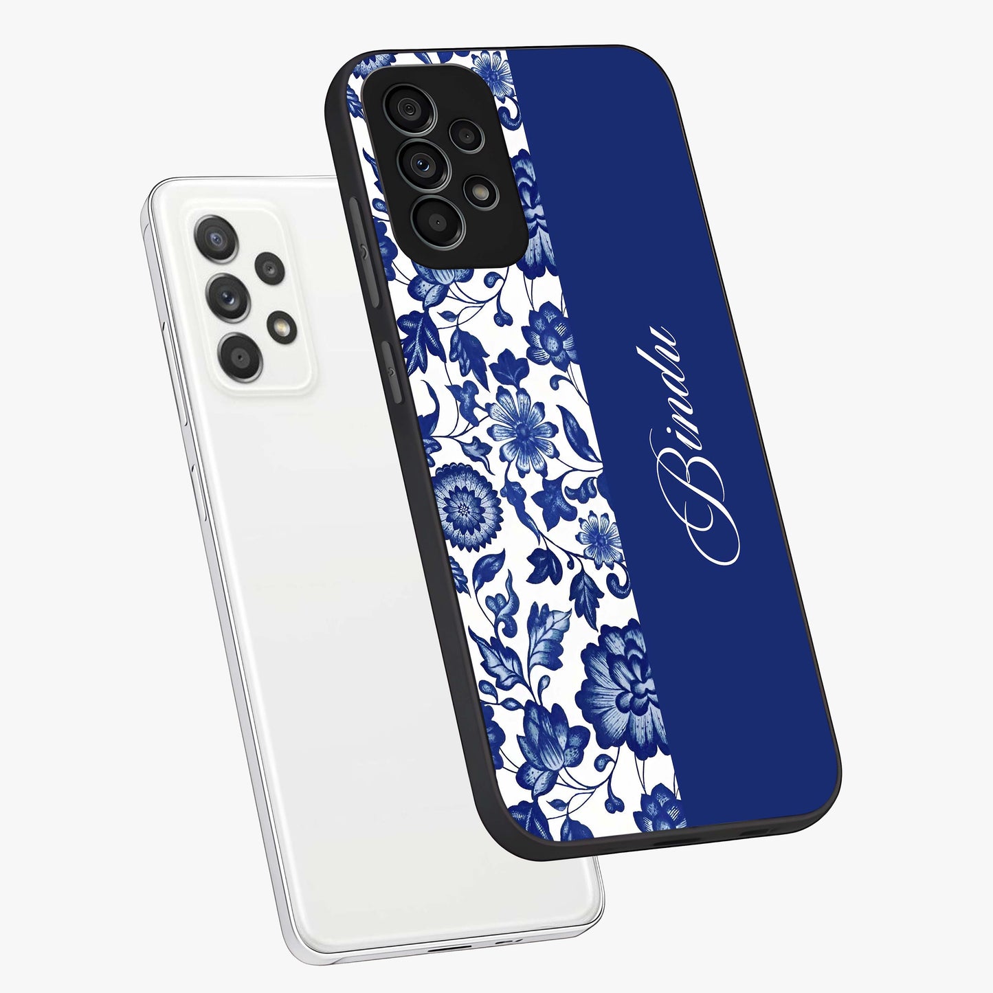 Blue Vintage Floral Pattern Glass Case displayed in angled mockup highlighting subtle bloom pattern with aesthetic pastel design.