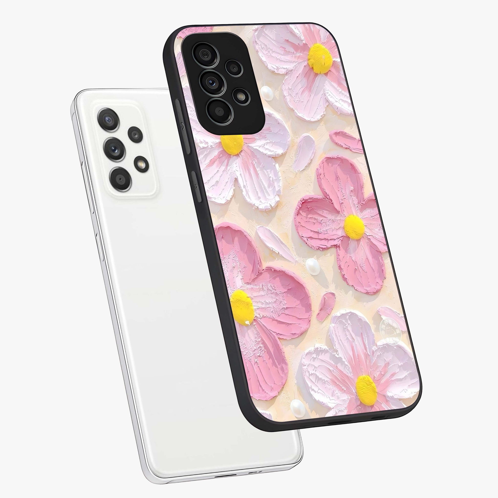 Blush Bloom Texture Glass Case displayed in angled mockup highlighting subtle bloom pattern with aesthetic pastel design.