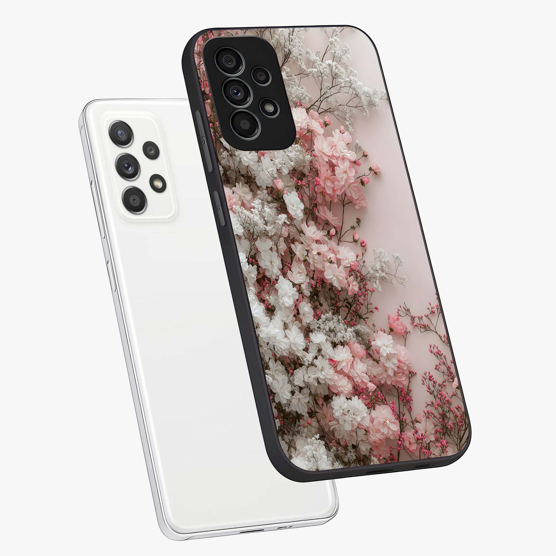 Blush Blossom Cloud Glass Case displayed in angled mockup highlighting soft cloud and blossom design with pastel aesthetic.