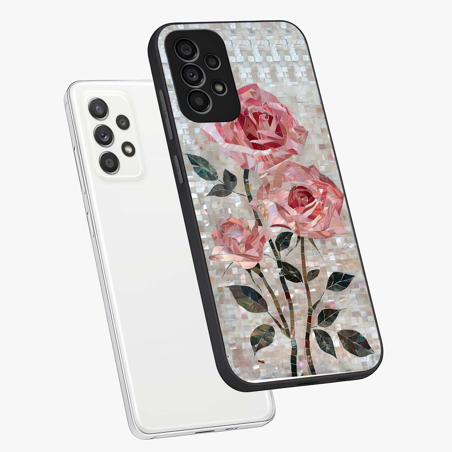 Blush Mosaic Bloom Glass Case displayed in angled mockup highlighting artistic mosaic flower pattern with aesthetic design.