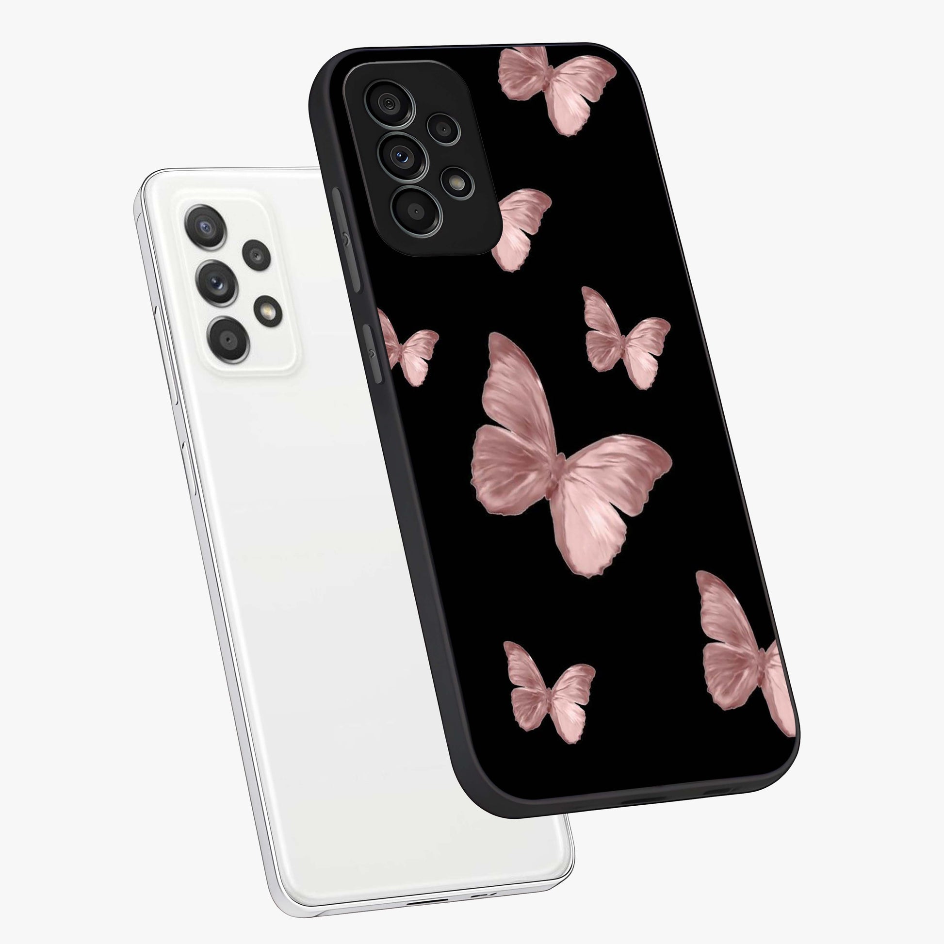 Butterfly Pattern Glass Case displayed in angled mockup highlighting delicate butterfly design and aesthetic pattern style.