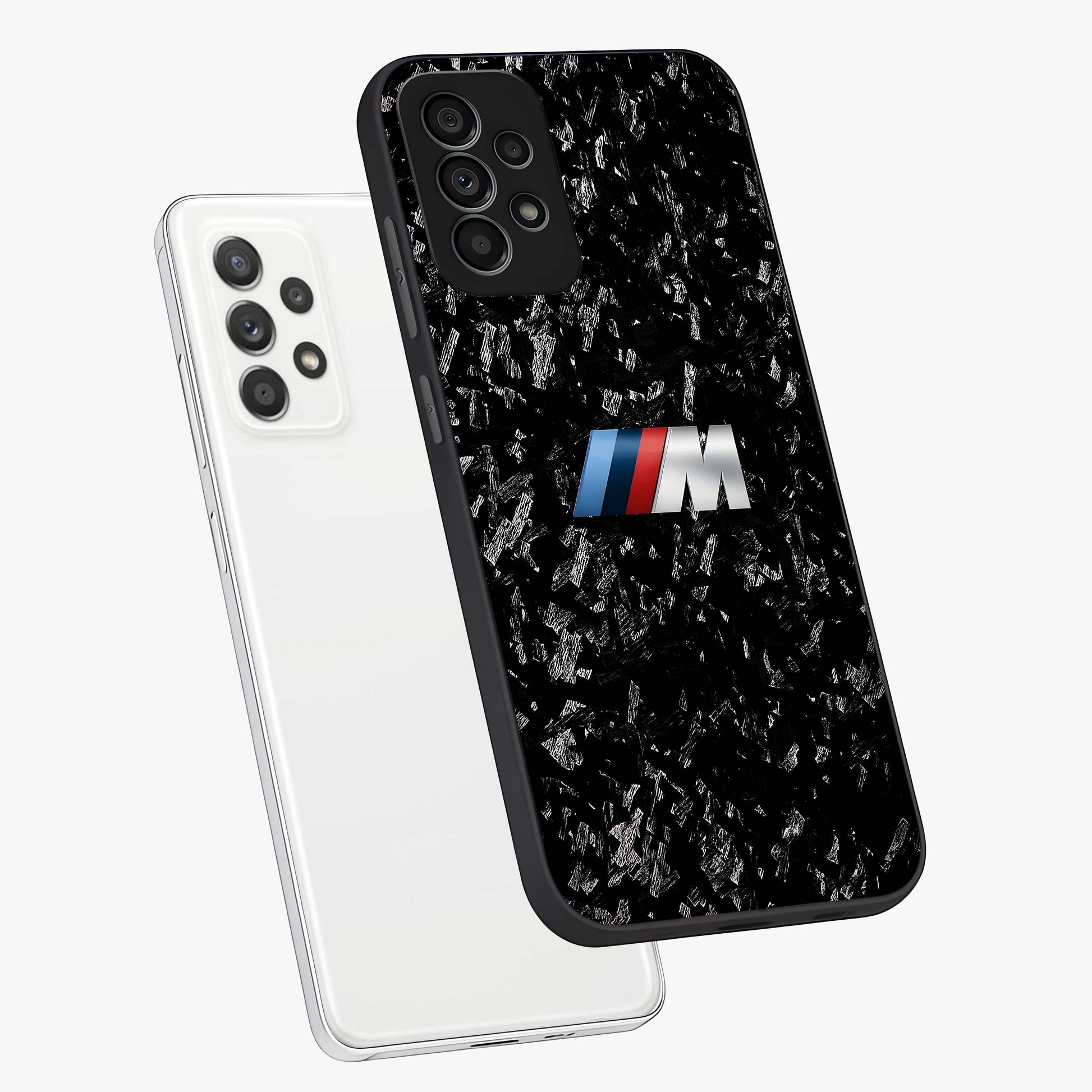 Carbon Speed Mark Glass Case displayed in angled mockup highlighting racing inspired carbon design and sleek aesthetic style.