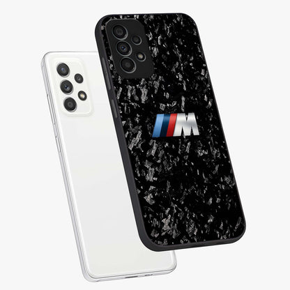 Carbon Speed Mark Glass Case displayed in angled mockup highlighting racing inspired carbon design and sleek aesthetic style.