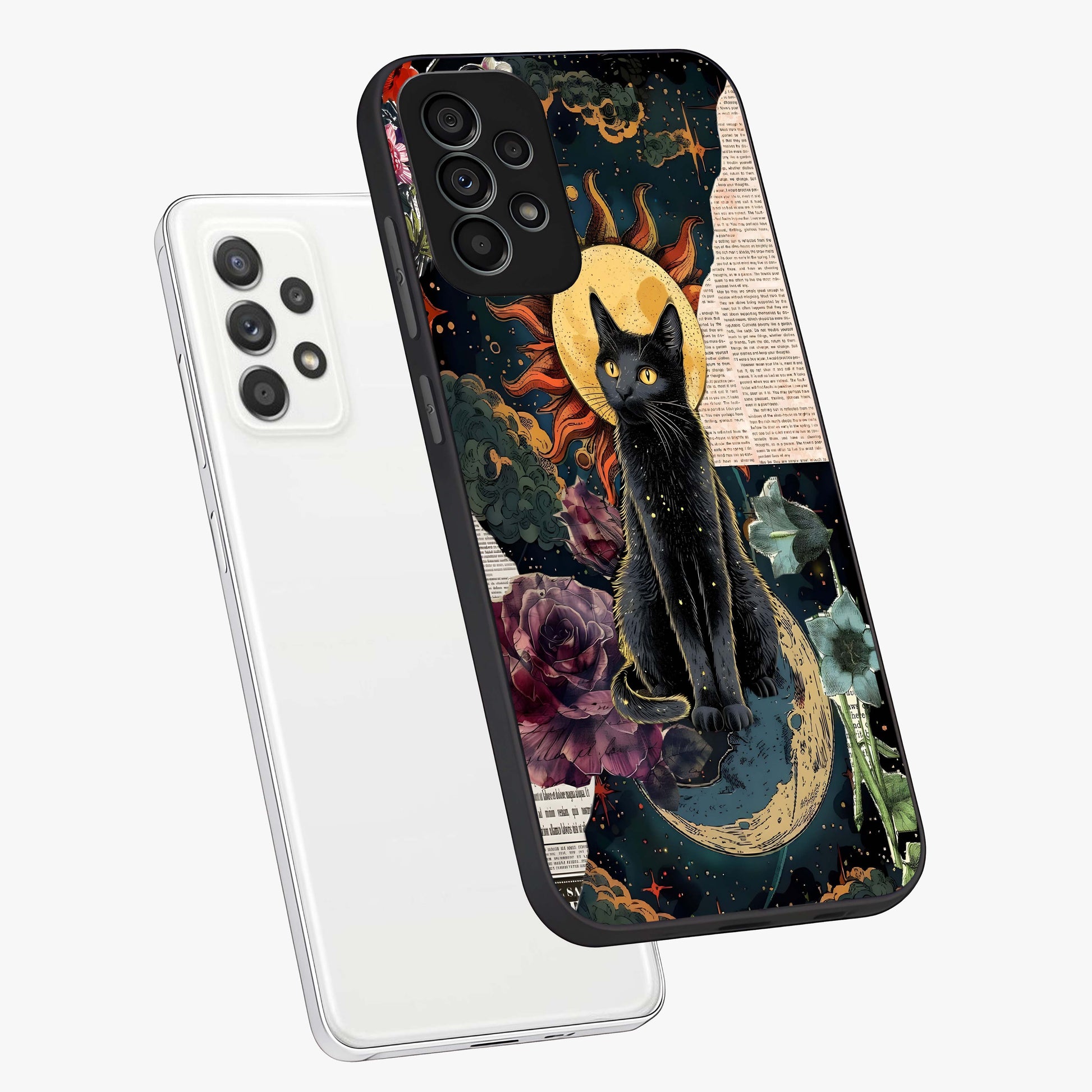 Celestial Black Cat Glass Case displayed in angled mockup highlighting cosmic black cat design with celestial aesthetic.