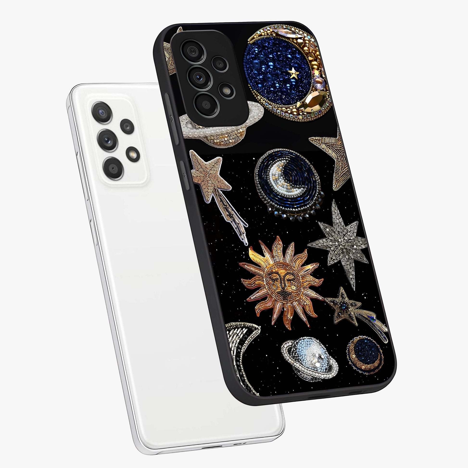 Celestial Gem Constellations Glass Case displayed in angled mockup highlighting gemstone inspired constellation design.