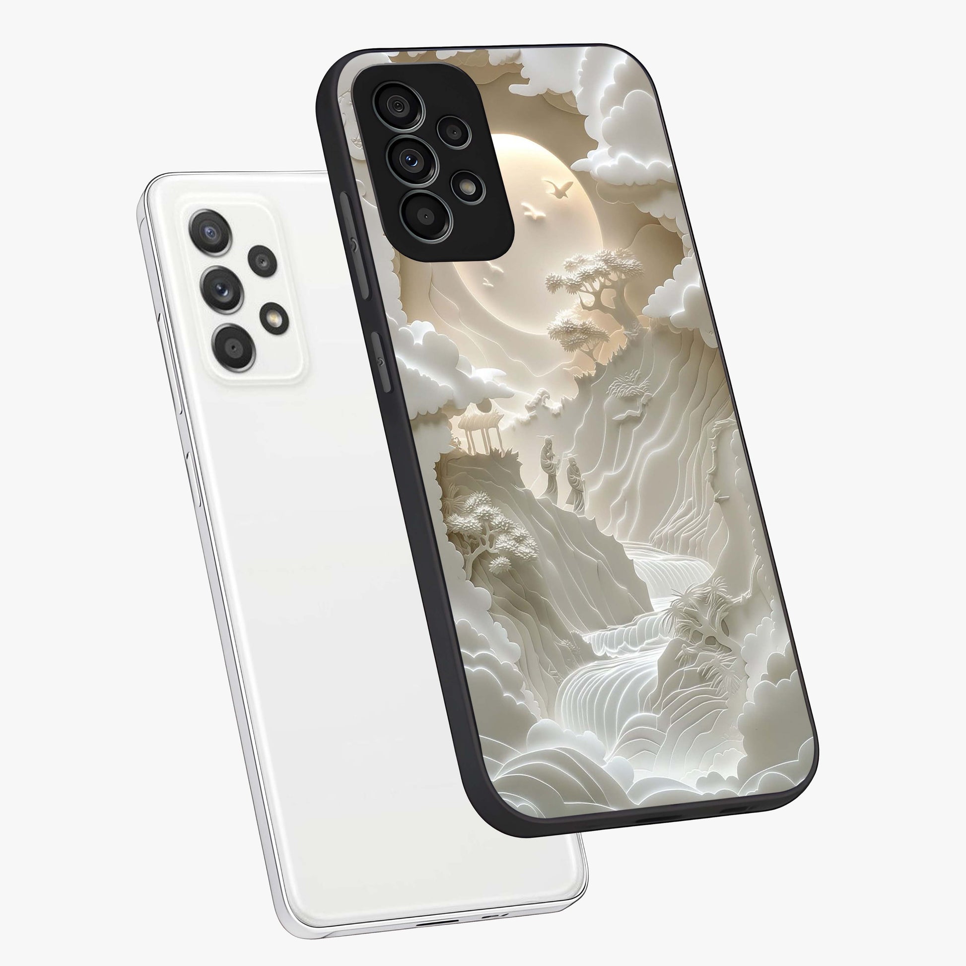 Celestial Origami Glass Case displayed in angled mockup highlighting geometric origami design with cosmic aesthetic theme.