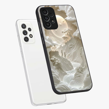 Celestial Origami Glass Case displayed in angled mockup highlighting geometric origami design with cosmic aesthetic theme.