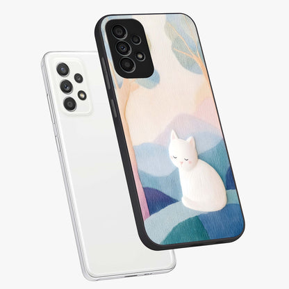 Cotton Dream Cat Glass Case displayed in angled mockup highlighting cute feline illustration with pastel aesthetic style.
