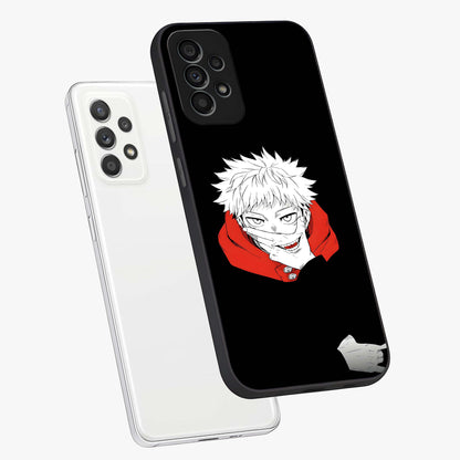 Crimson Chaos Smile Glass Case displayed in angled mockup highlighting edgy crimson smile design with graphic aesthetic.