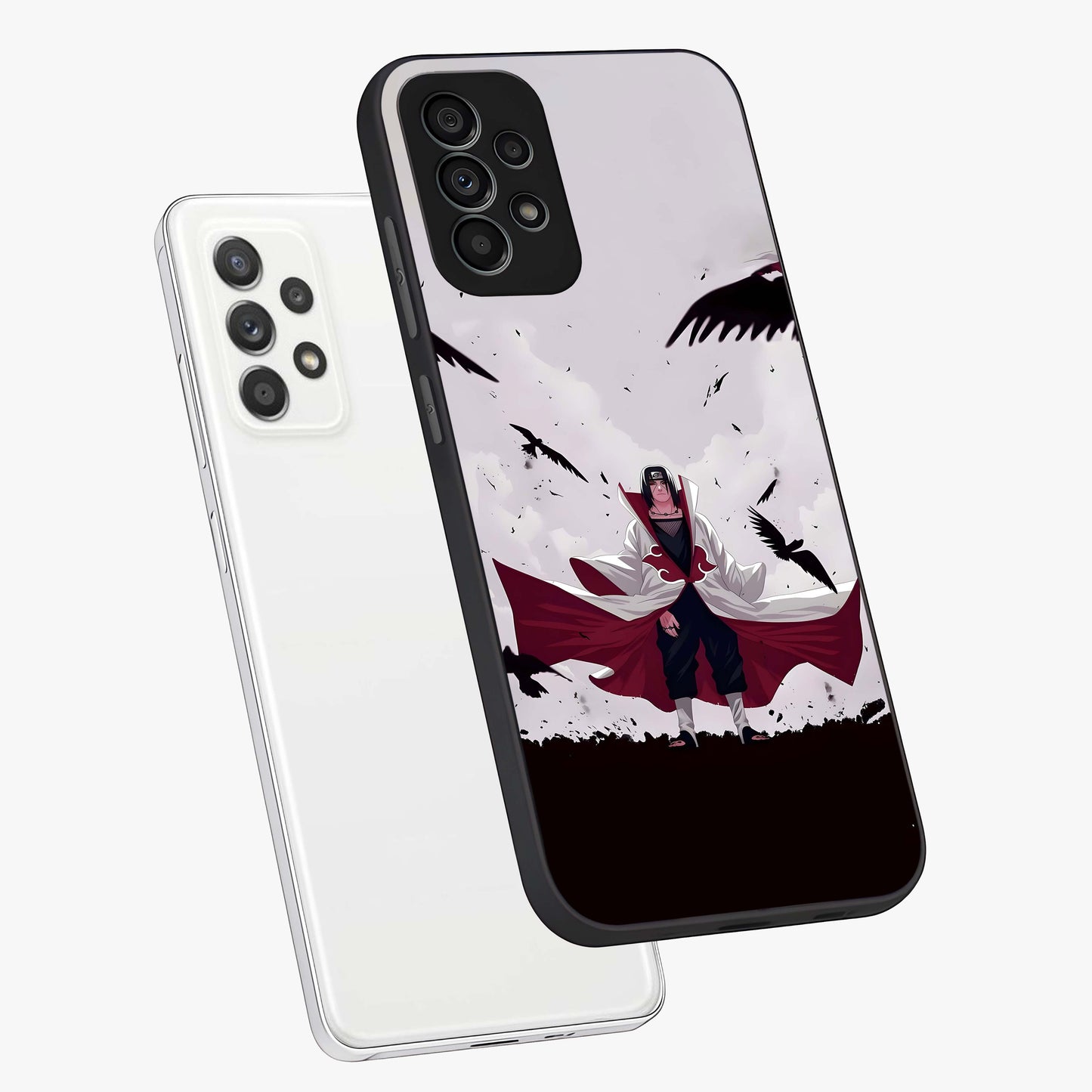 Crimson Crow Ascension Glass Case displayed in angled mockup highlighting powerful crow illustration with dark crimson aesthetic.