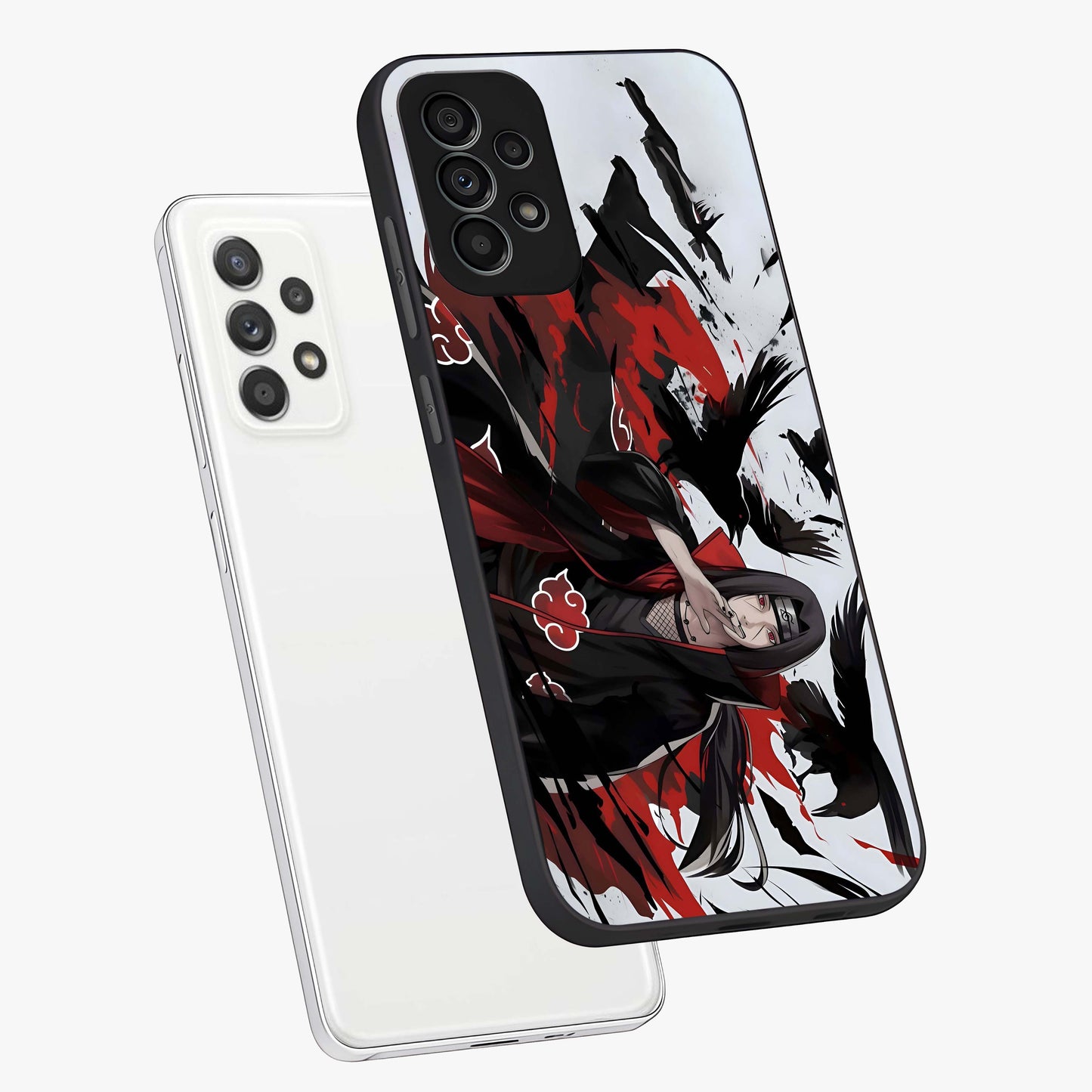 Crimson Crow Illusion Glass Case displayed in angled mockup highlighting mysterious crow graphic with dark aesthetic style.