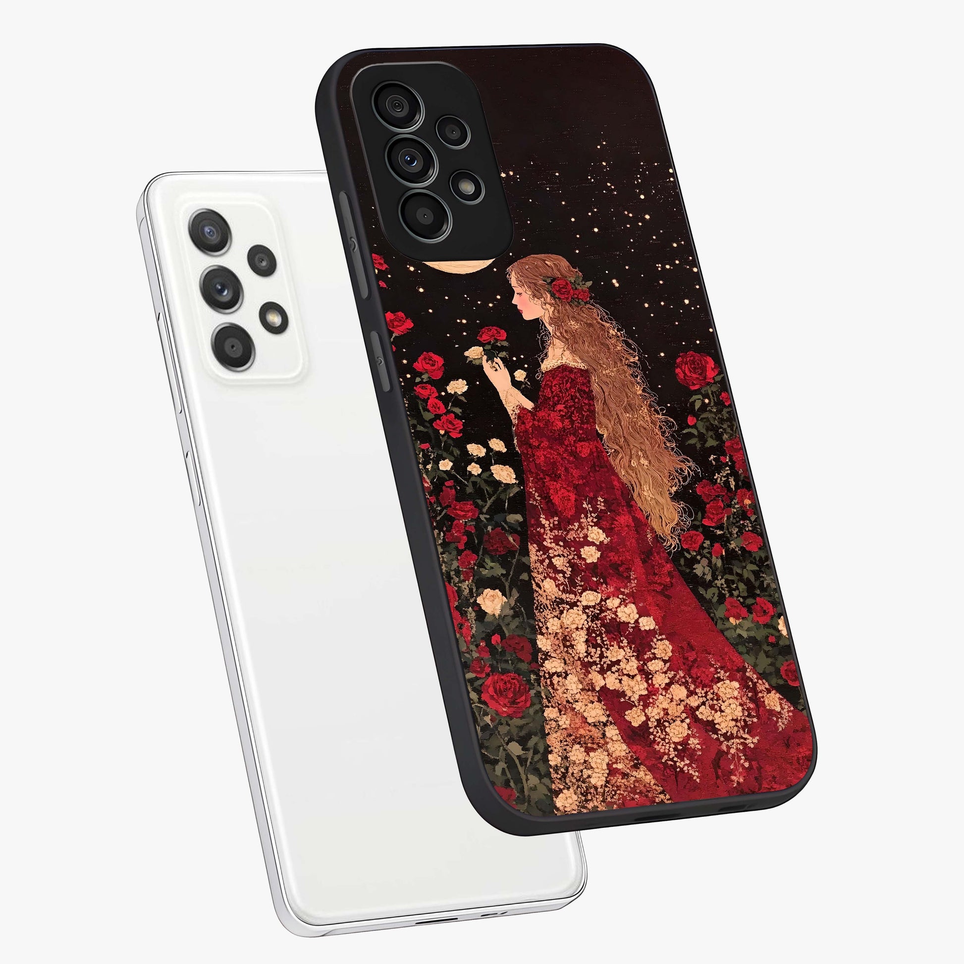 Crimson Dreams Glass Case displayed in angled mockup highlighting soft crimson aesthetic design with artistic theme.