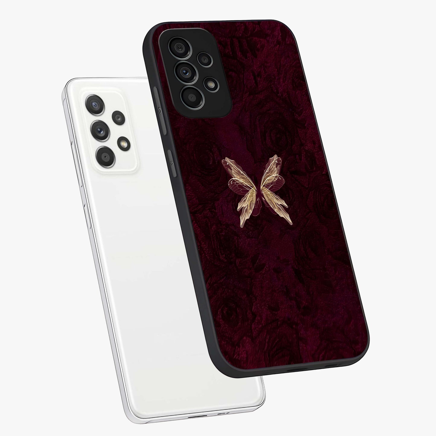 Crimson Fade Butterfly Glass Case displayed in angled mockup highlighting elegant butterfly design with crimson gradient aesthetic.