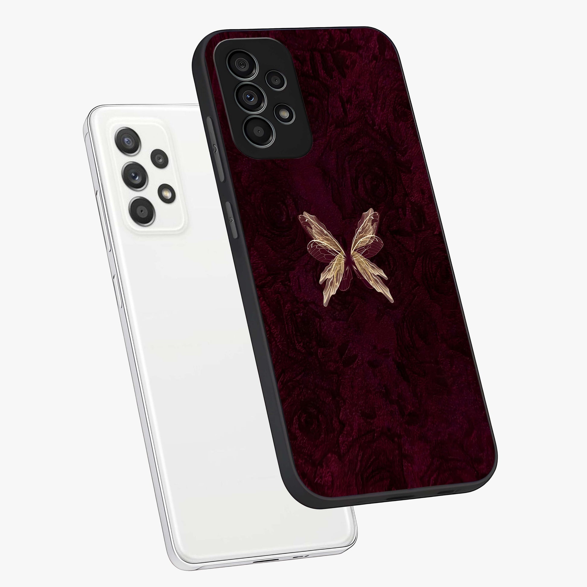 Crimson Fade Butterfly Glass Case displayed in angled mockup highlighting elegant butterfly design with crimson gradient aesthetic.