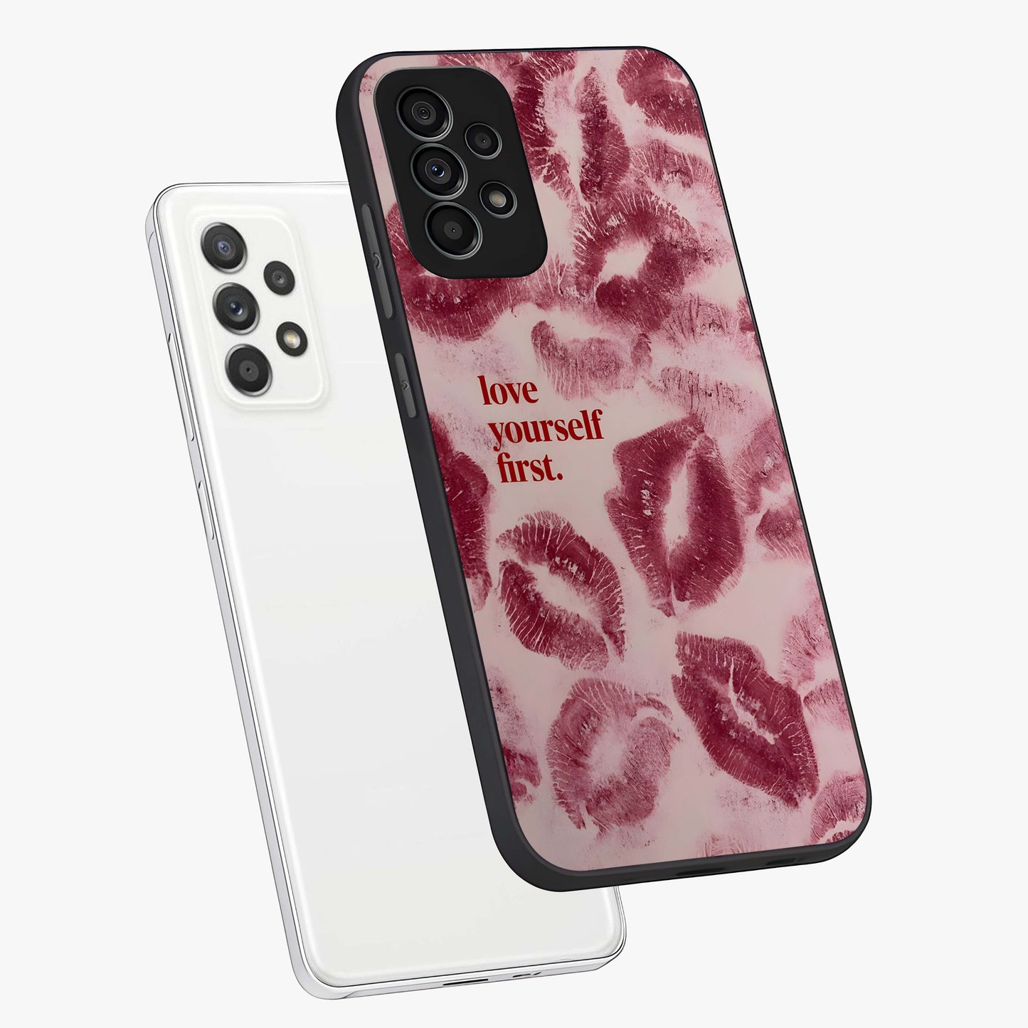 Crimson Kiss Love Glass Case displayed in angled mockup highlighting bold love inspired design with modern aesthetic style.