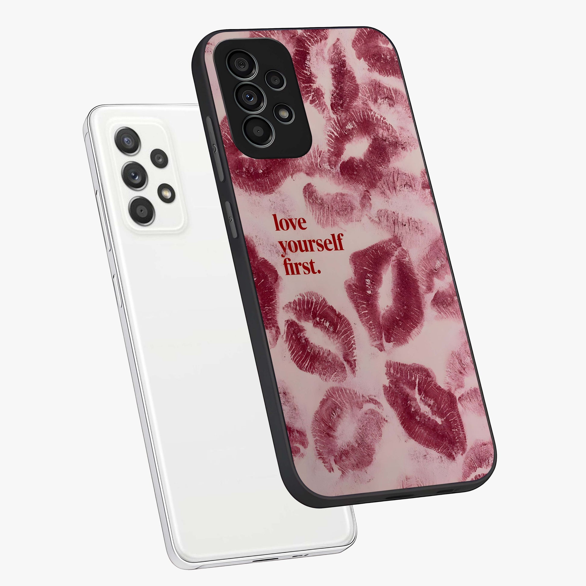 Crimson Kiss Love Glass Case displayed in angled mockup highlighting bold love inspired design with modern aesthetic style.
