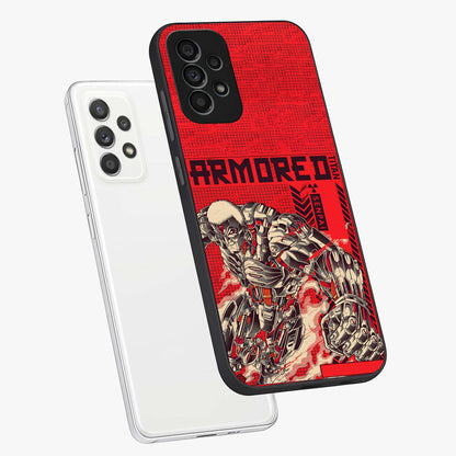 Crimson Mecha Titan Glass Case displayed in angled mockup highlighting futuristic mech illustration with bold crimson aesthetic.