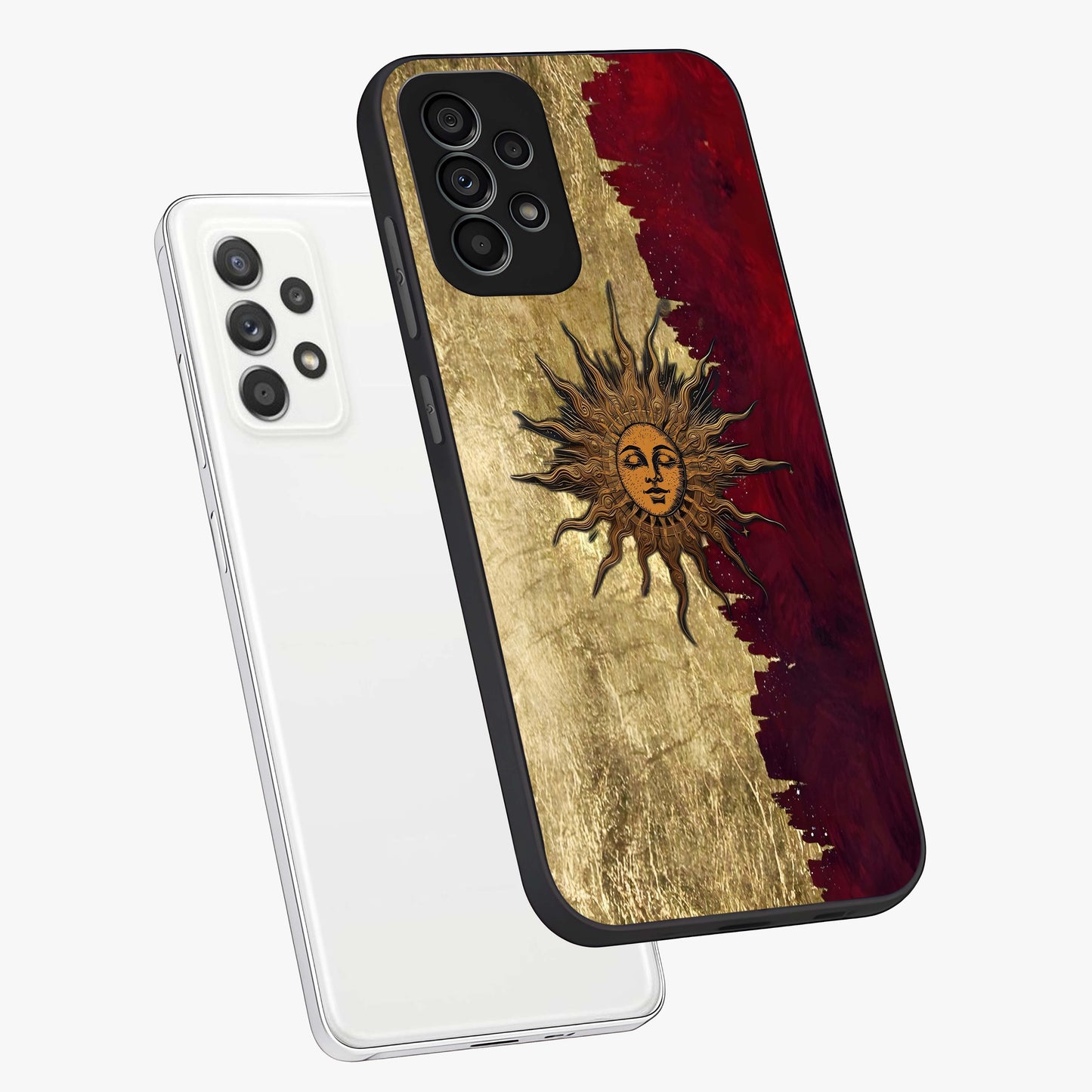 Crimson Sun Majesty Glass Case displayed in angled mockup highlighting majestic crimson sun design with bold aesthetic style.