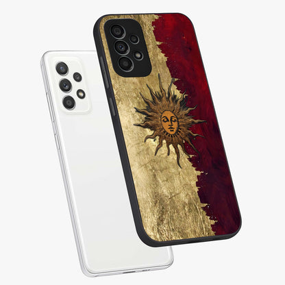 Crimson Sun Majesty Glass Case displayed in angled mockup highlighting majestic crimson sun design with bold aesthetic style.