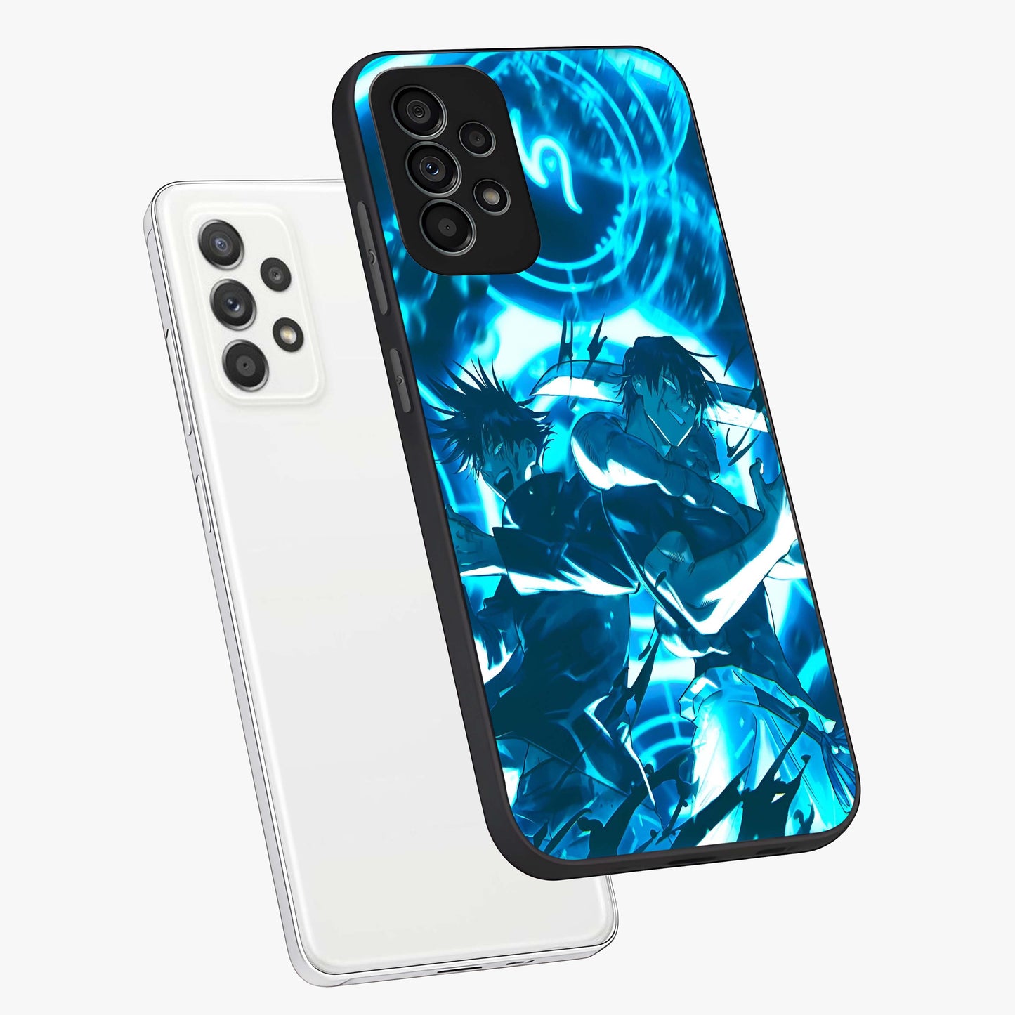 Cursed Energy Clash Glass Case displayed in angled mockup highlighting powerful battle inspired graphic with anime style aesthetic.