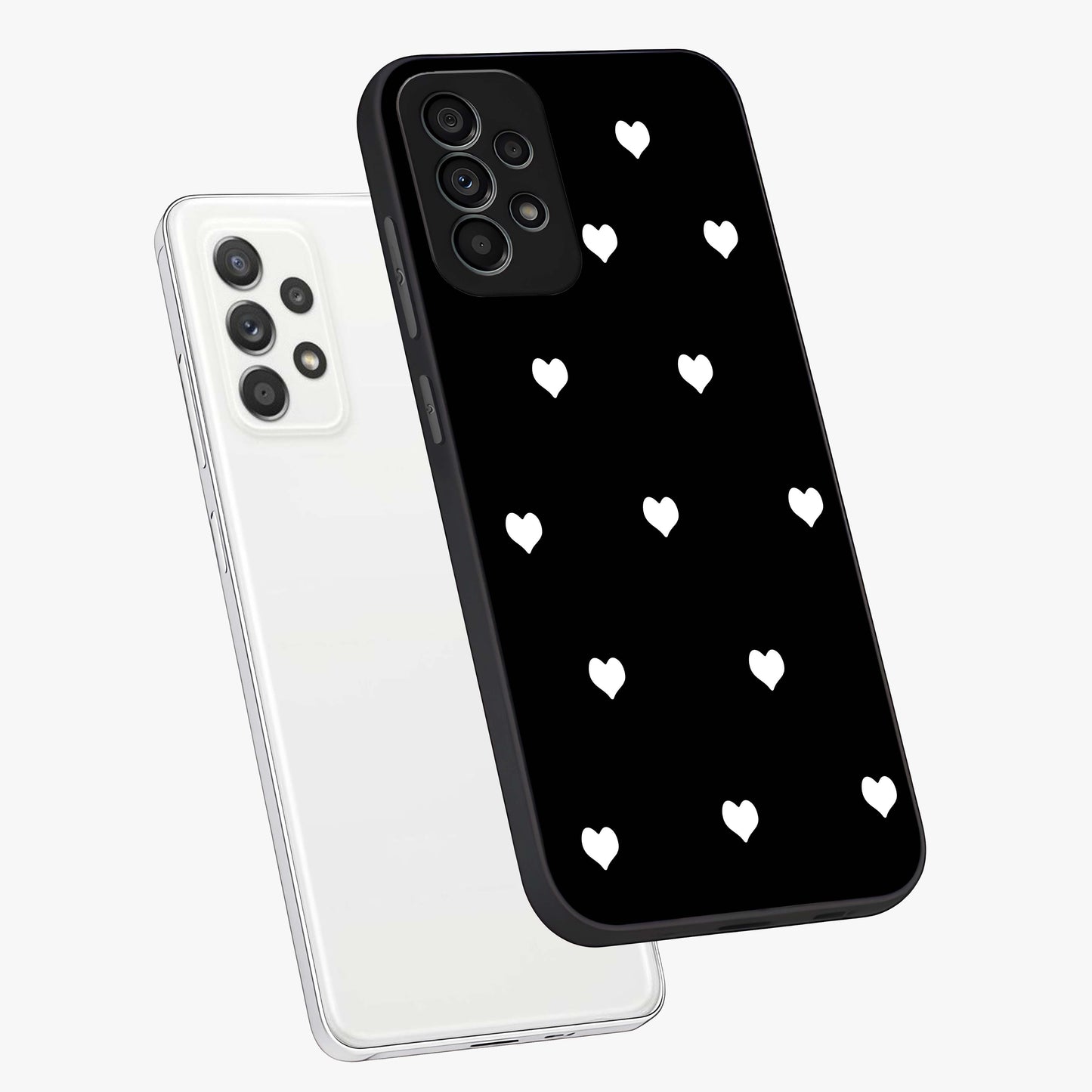 Cute And Simple White Hearts Glass Case displayed in angled mockup highlighting cute heart design with clean aesthetic style.