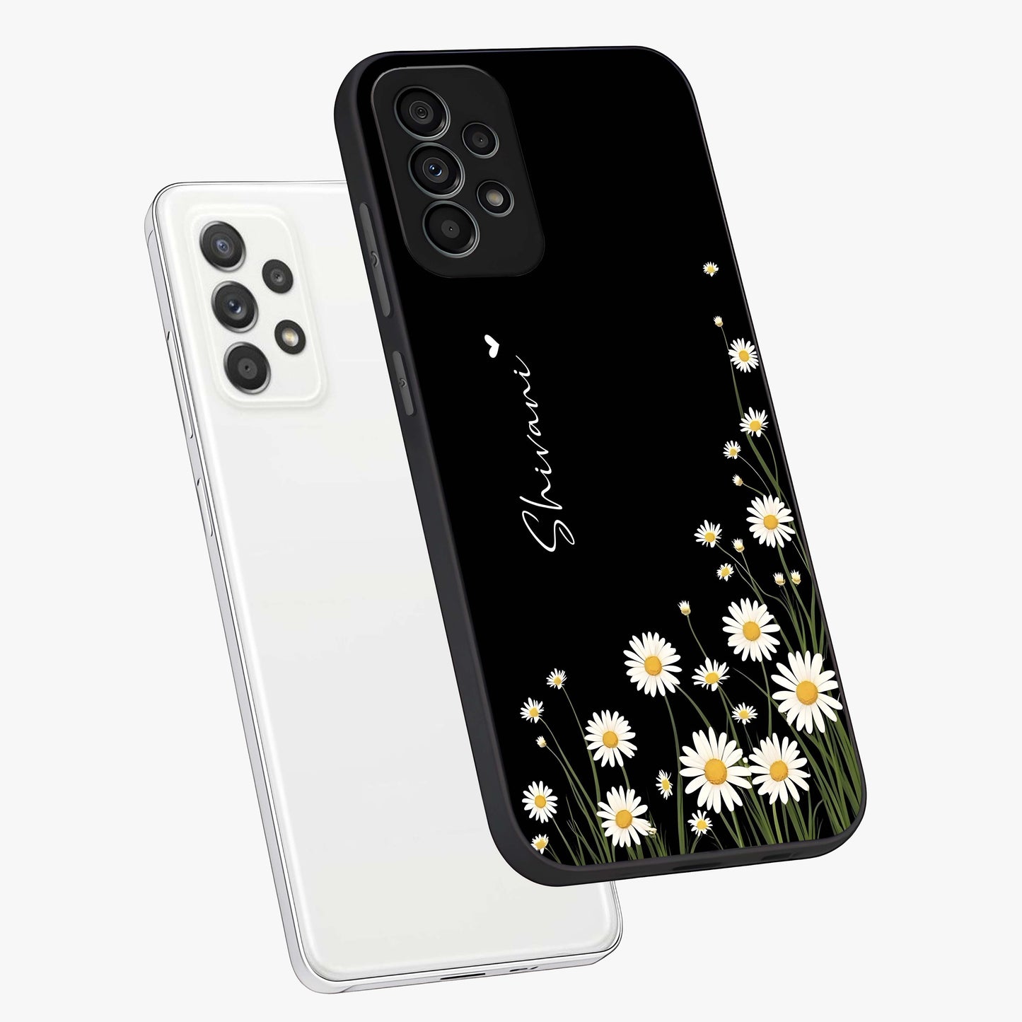 Daisy Cascade Custom Name Glass Case displayed in angled mockup highlighting delicate daisy artwork with custom name feature.