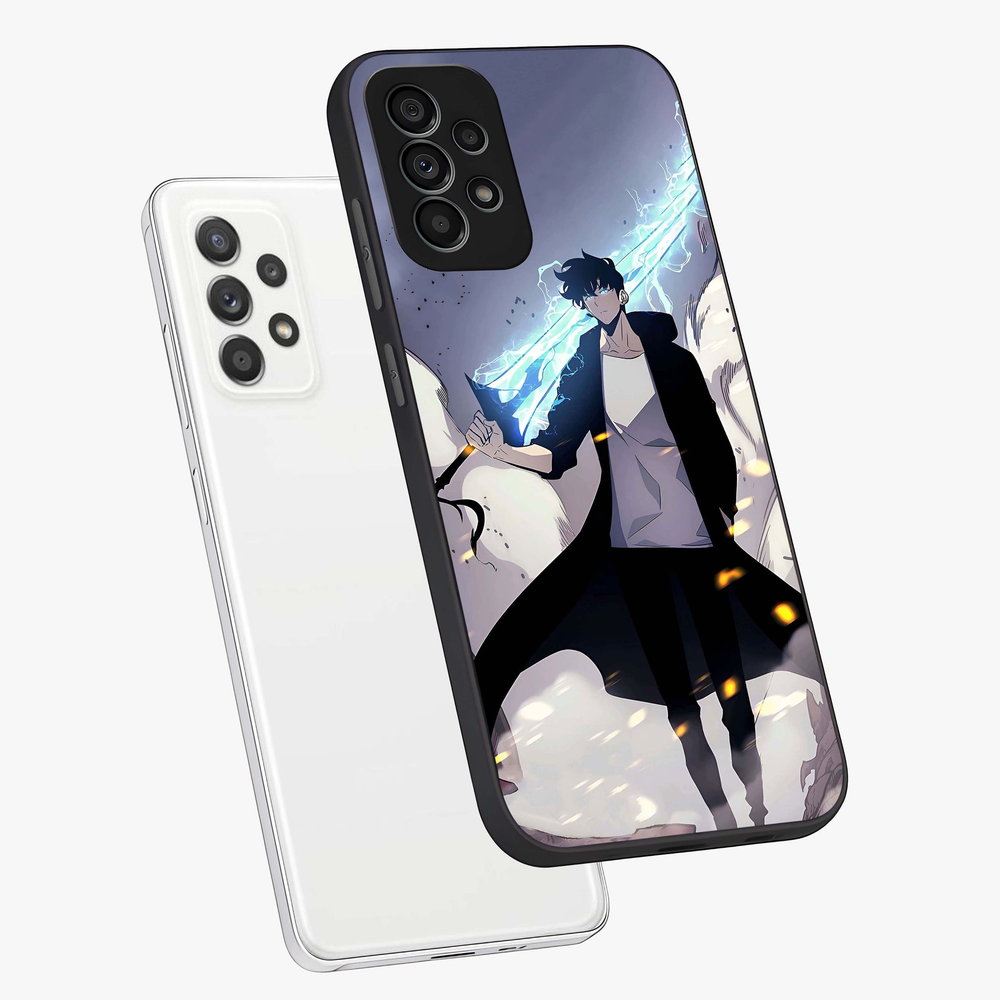 Dark Lightning Anime Warrior Glass Case displayed in angled mockup highlighting powerful lightning themed anime illustration.