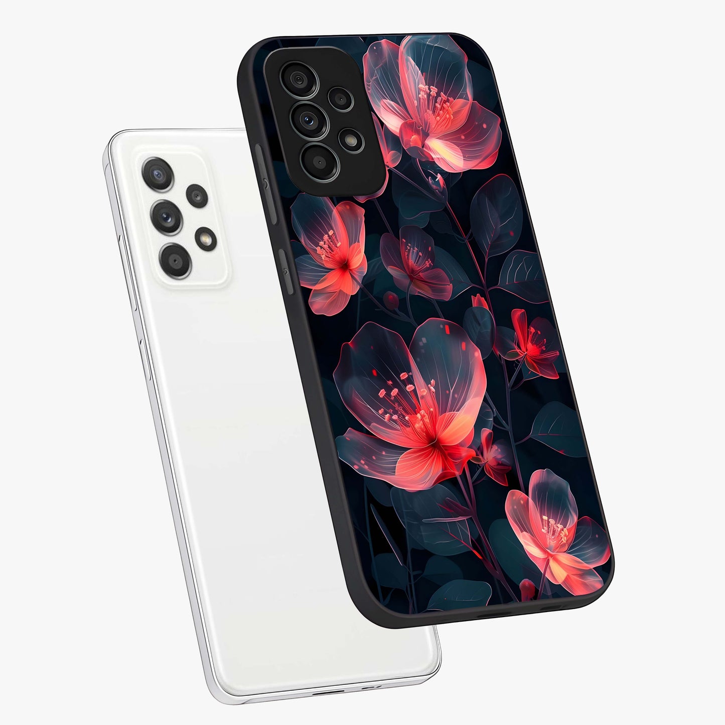 Dark Shade of Flower Glass Case displayed in angled mockup highlighting moody floral illustration with aesthetic dark tones.