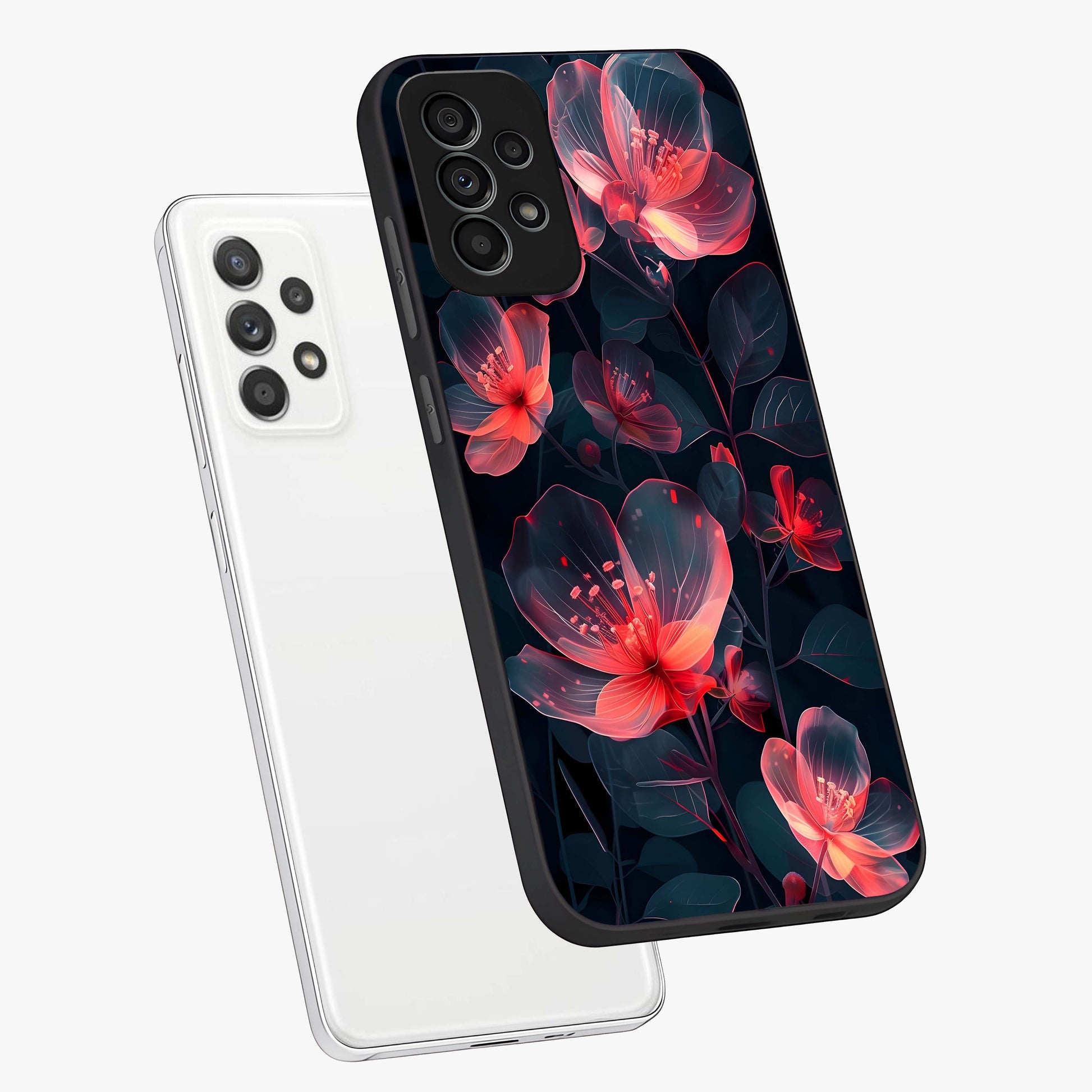Dark Shade of Flower Glass Case displayed in angled mockup highlighting moody floral illustration with aesthetic dark tones.