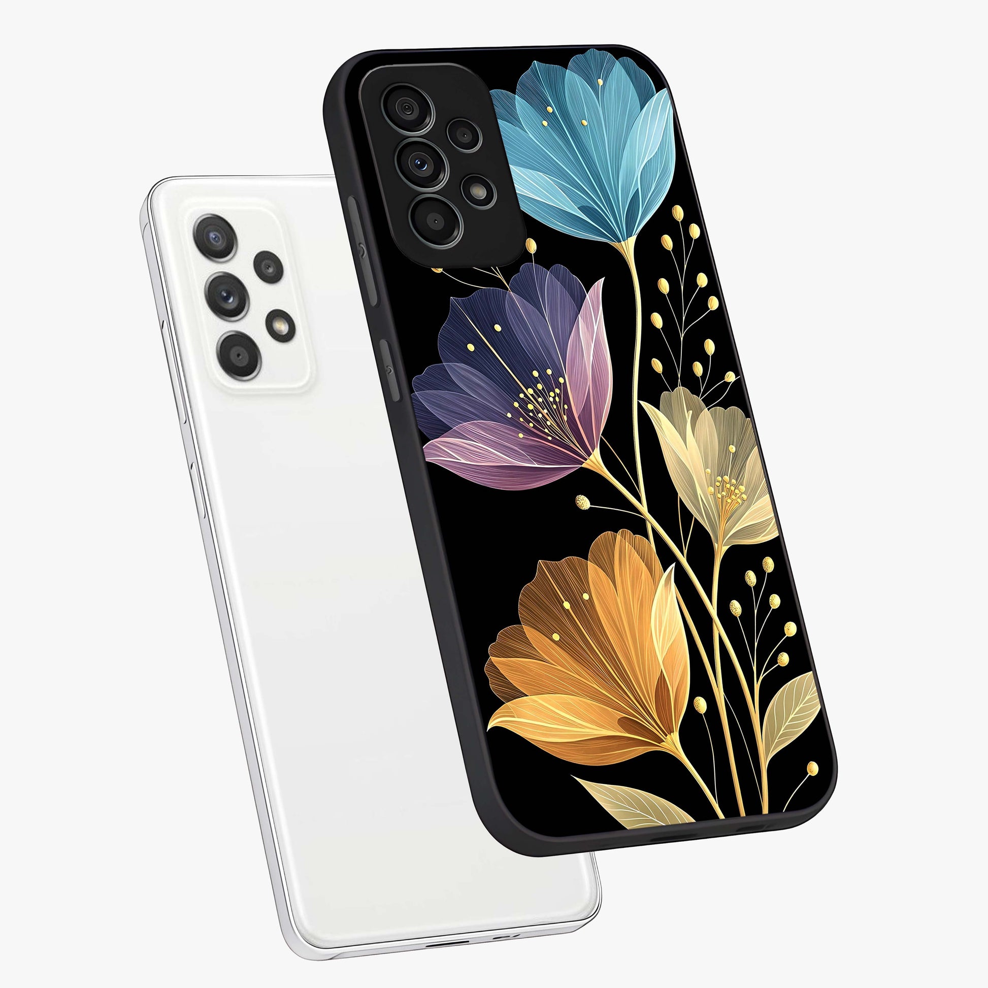Delicate Multicolor Flowers Glass Case displayed in angled mockup highlighting colorful flower pattern with soft aesthetic style.