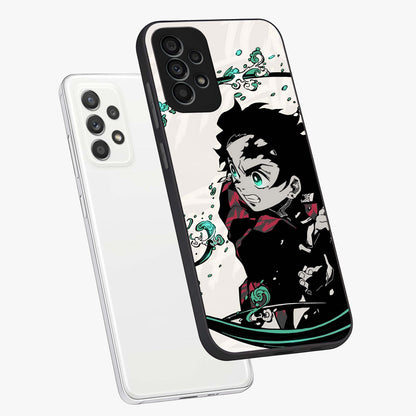 Demon Slayer Glass Case displayed in angled mockup highlighting dramatic anime character design with action aesthetic.