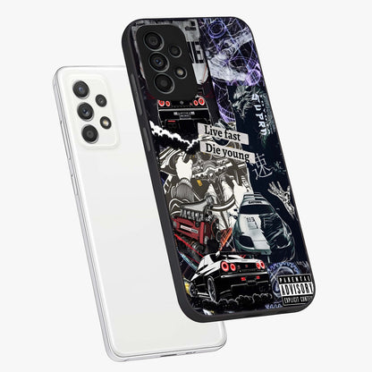 Die Young Glass Case displayed in angled mockup highlighting expressive graphic artwork with edgy aesthetic style.