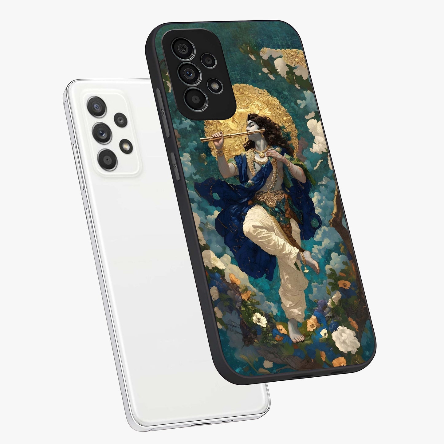 Divine Krishna Art Glass Case displayed in angled mockup highlighting spiritual Krishna illustration with devotional aesthetic.