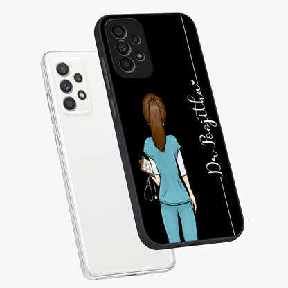 Doctor Pattern Custom Name Glass Case displayed in angled mockup highlighting doctor inspired artwork with custom name feature.