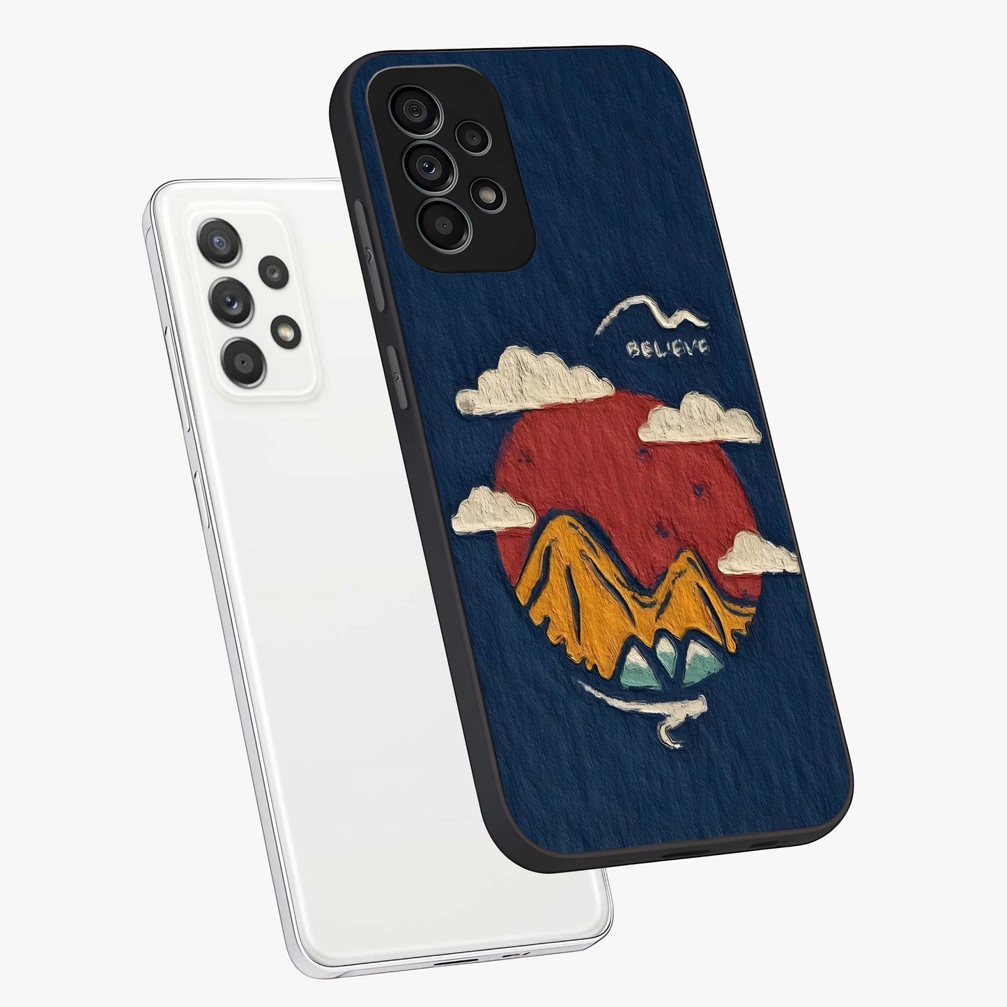 Dream Beyond Mountains Glass Case displayed in angled mockup highlighting dreamy mountain illustration with peaceful aesthetic.