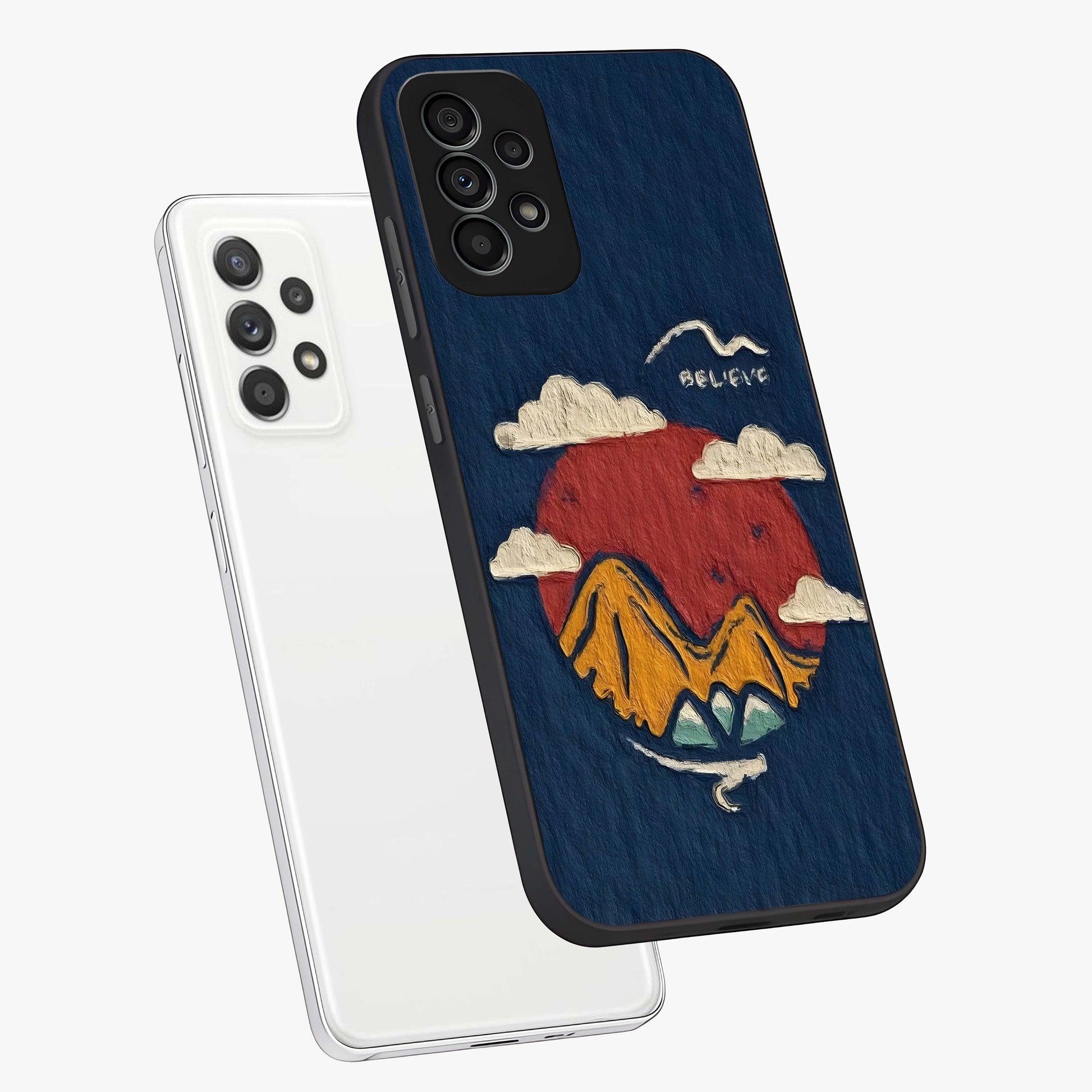 Dream Beyond Mountains Glass Case displayed in angled mockup highlighting dreamy mountain illustration with peaceful aesthetic.
