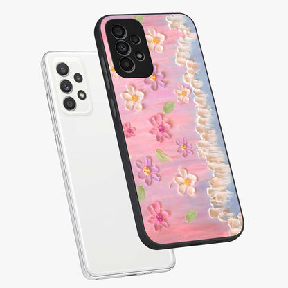 Dreamy Painted Garden Glass Case displayed in angled mockup highlighting colorful garden illustration with dreamy aesthetic style.