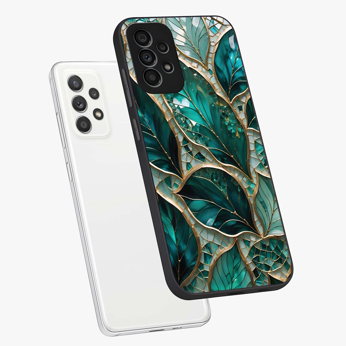 Emerald Leaf Glass Glass Case displayed in angled mockup highlighting botanical leaf illustration with elegant natural aesthetic.