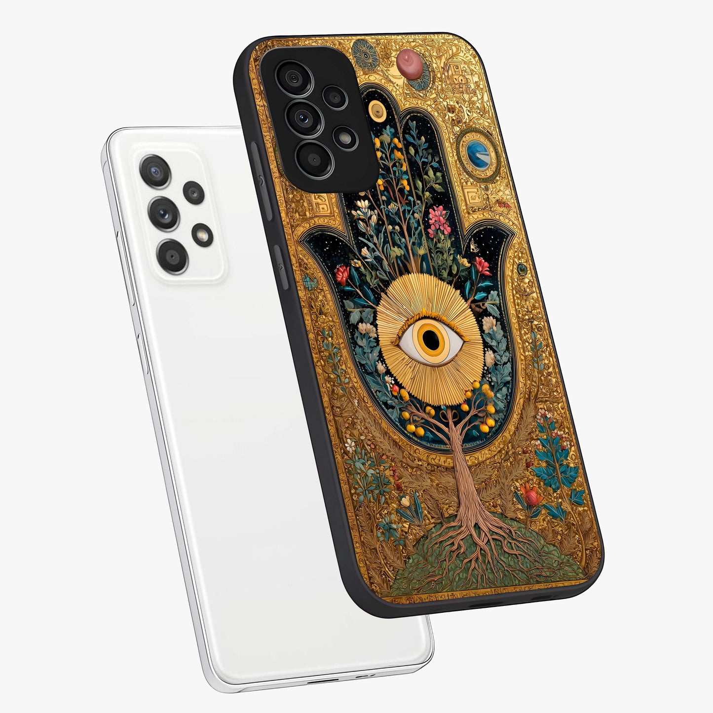 Ethereal Evil Eye Glass Case displayed in angled mockup highlighting protective evil eye symbol with spiritual aesthetic design.