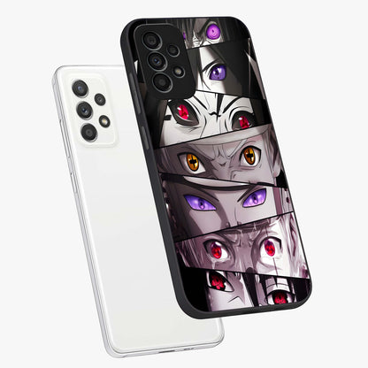 Eyes of Destiny Glass Case displayed in angled mockup highlighting bold eye illustration with mystical aesthetic style.