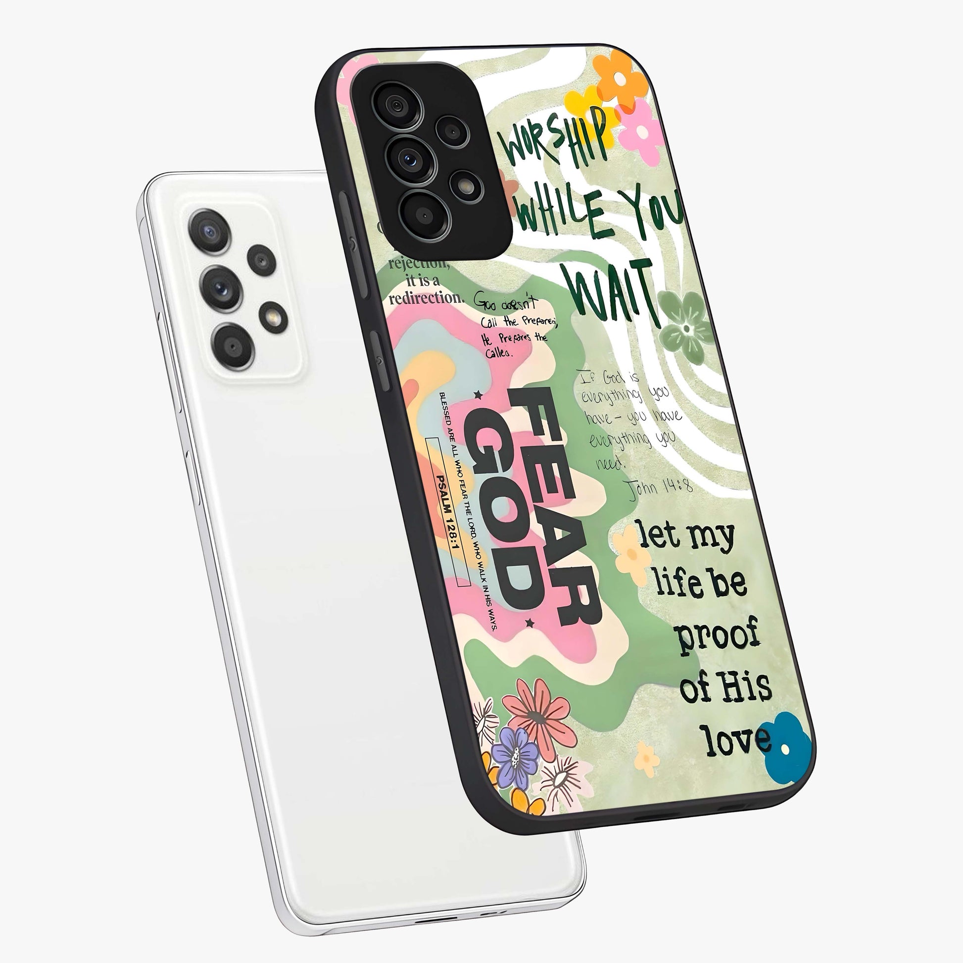 Faith Over Fear Glass Case displayed in angled mockup highlighting inspirational message design with modern aesthetic style.