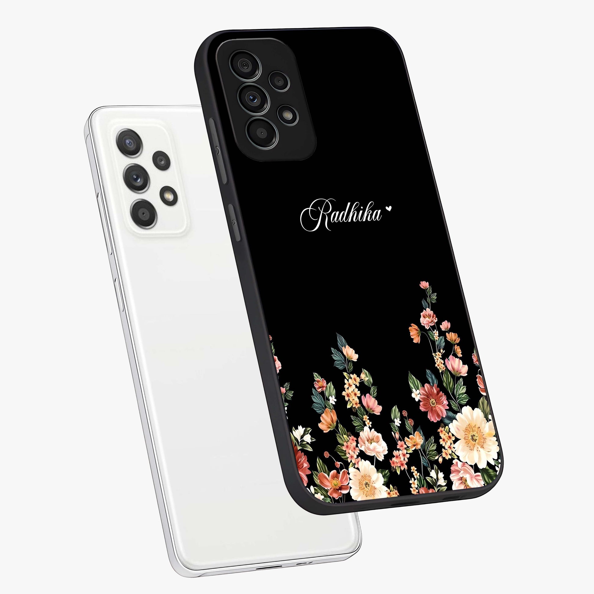Floral Design With a Custom Personalized Name Glass Case displayed in angled mockup highlighting elegant floral pattern with custom name feature.