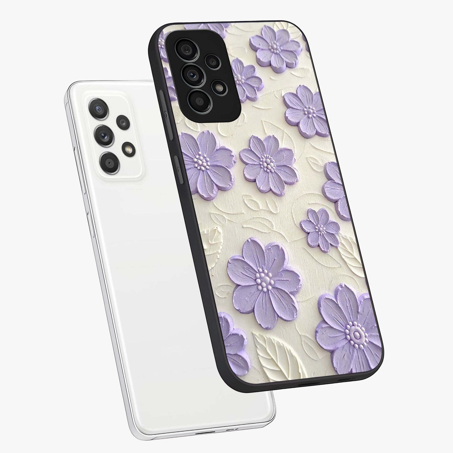 Floral Wall Art With Purple Flowers Glass Case displayed in angled mockup highlighting vibrant purple floral illustration with artistic aesthetic.