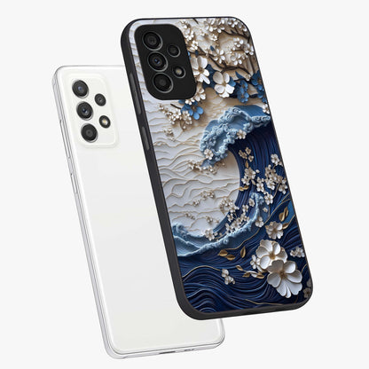 Floral Wave Origami Glass Case displayed in angled mockup highlighting geometric origami flower design with modern aesthetic style.