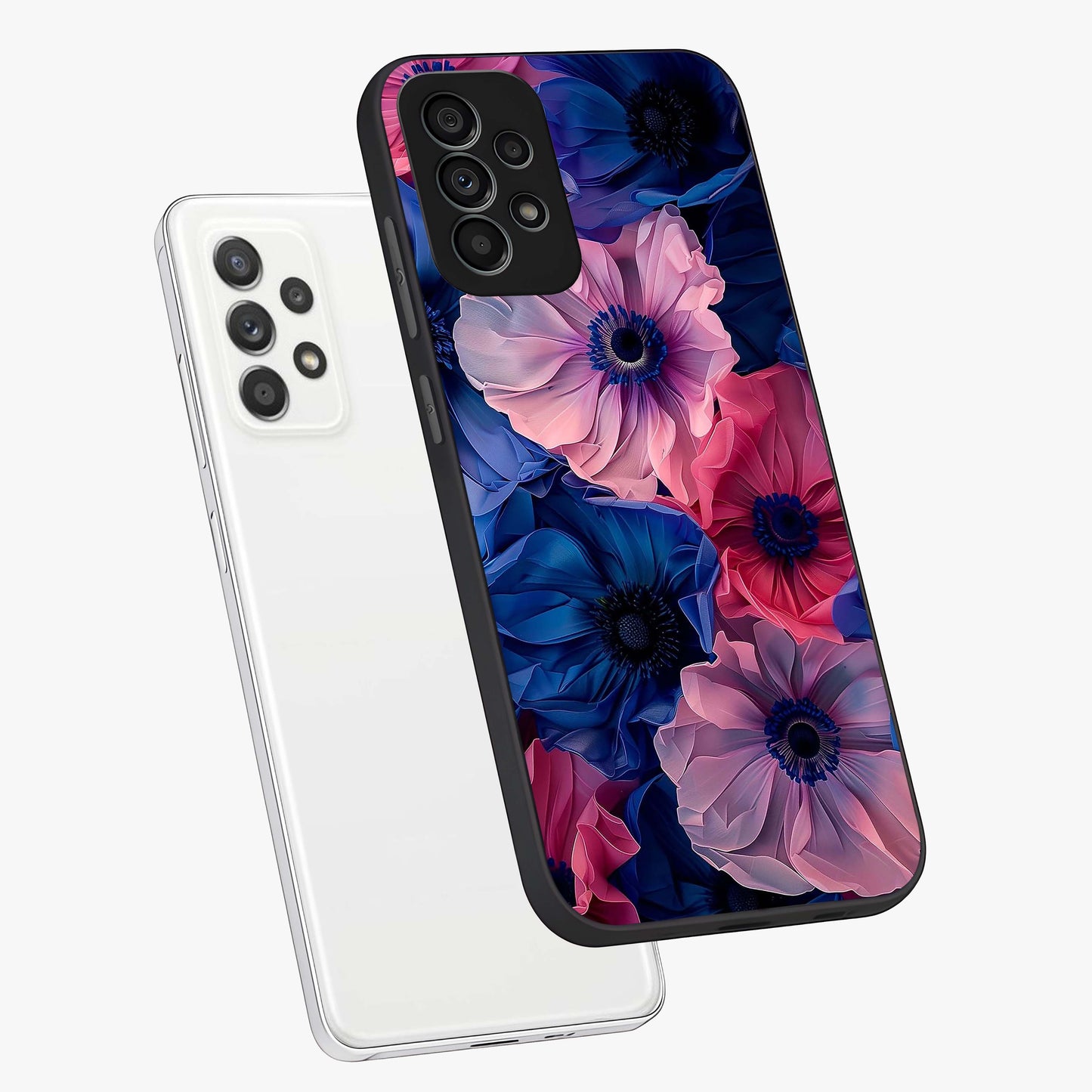 Flower Paper Art Pattern Glass Case displayed in angled mockup highlighting layered paper flower design with artistic aesthetic.